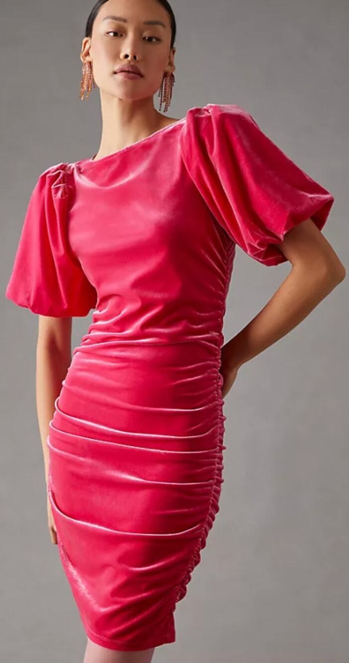 Scotch & Soda Velvet Balloon Sleeve Bodycon Ruched Hot Pink Dress Anthro Xsmall